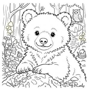 May include: A black and white line art colouring page featuring a smiling bear cub resting its paws on a mossy rock. The scene includes a forest background with trees, an owl perched on a branch, various mushrooms, wildflowers, and a small backpack.