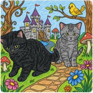 May include: A coloured pencil drawing featuring a black kitten and a grey tabby kitten on a stone path. In the background, a stone castle with purple turrets, red-spotted mushrooms, green trees, a yellow bird, and colourful flowers are depicted.