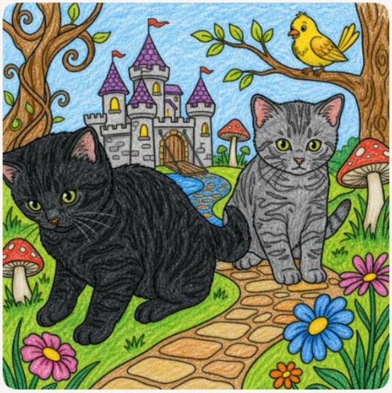 May include: A coloured pencil drawing featuring a black kitten and a grey tabby kitten on a stone path. In the background, a stone castle with purple turrets, red-spotted mushrooms, green trees, a yellow bird, and colourful flowers are depicted.