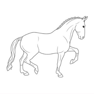 May include: A black and white line drawing of a horse in a trotting pose. The horse features a braided mane, a long flowing tail, and clearly defined hooves. The illustration is rendered with clean, simple outlines on a plain white background.