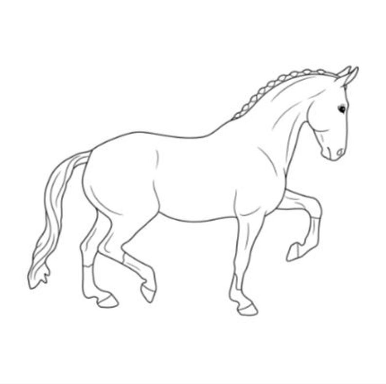 May include: A black and white line drawing of a horse in a trotting pose. The horse features a braided mane, a long flowing tail, and clearly defined hooves. The illustration is rendered with clean, simple outlines on a plain white background.