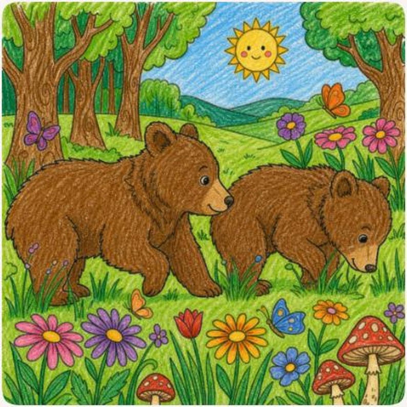 May include: A coloured pencil drawing of two brown bear cubs walking through a vibrant green meadow filled with colourful flowers, mushrooms, and butterflies under a bright yellow sun in a blue sky with green trees in the background.