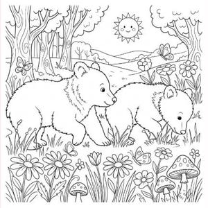 May include: A black and white line art colouring page illustration featuring two bear cubs walking through a forest meadow filled with various flowers, mushrooms, and butterflies under a smiling sun in the sky above the trees.