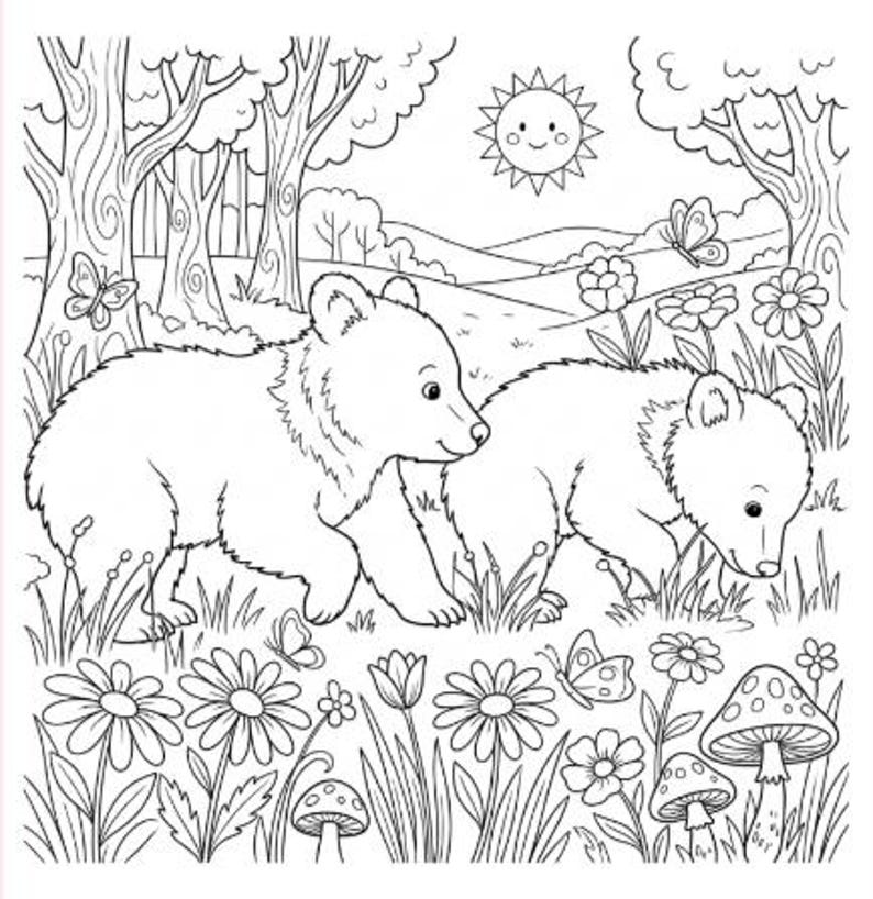 May include: A black and white line art colouring page illustration featuring two bear cubs walking through a forest meadow filled with various flowers, mushrooms, and butterflies under a smiling sun in the sky above the trees.