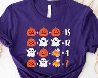 Camiseta de Halloween con cuestionario, camiseta de profesor de matemáticas con cuestionario, camiseta de Halloween con fantasma de calabaza y ecuación matemática, camiseta divertida de profesor de matemáticas con cuestionario