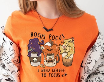 Camiseta "Hocus Pocus: Necesito café para concentrarme", linda camiseta de Halloween, sudadera acogedora con capucha para otoño, camiseta con especias de calabaza, camiseta para amantes del café