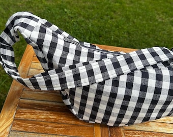 Gingham Half-Moon Crossbody Bag, Handmade Cotton Shoulder Bag