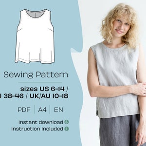 Sleeveless Top Pattern. A4 PDF sewing patterns. DIY Women Blouse. Printable sewing pattern. Do It Yourself sewing pattern. Do It Yourself.