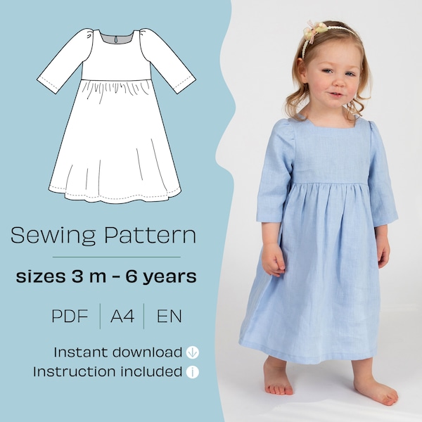 PDF Sewing Pattern for Dress. Summer Dress with short sleeves for the Girls. Kid's Dress with Sleeves Sewing Pattern. Age 3m-6y.