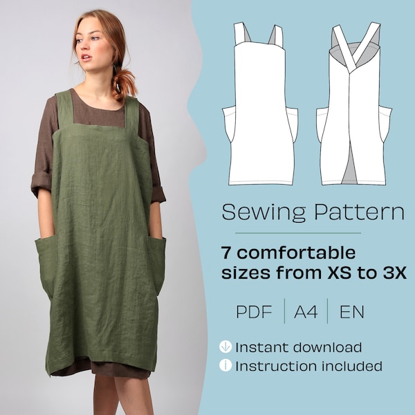 Cross Back Apron Sewing Pattern. A4 PDF sewing pattern. Pinafore sewing pattern. DIY cross back apron. Sewing pattern. Do It Yourself.