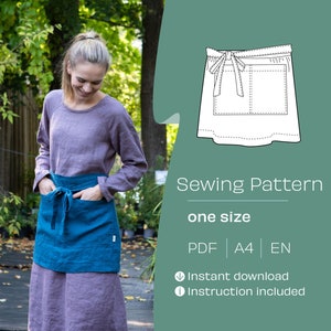 Half Apron Sewing Pattern. A4 PDF sewing pattern. Waist apron sewing pattern. DIY half apron. Printable sewing pattern. Do It Yourself.