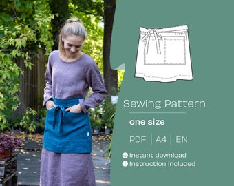 Half Apron Sewing Pattern. A4 PDF sewing pattern. Waist apron sewing pattern. DIY half apron. Printable sewing pattern. Do It Yourself.