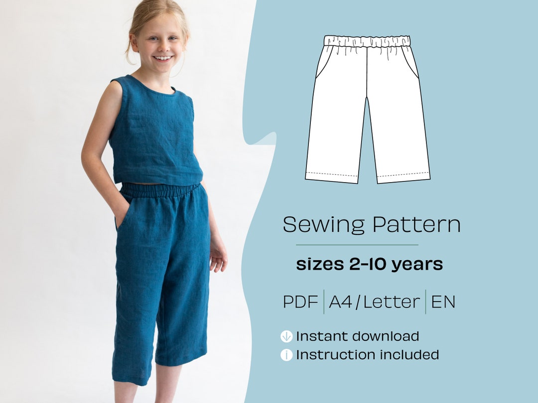 PDF Sewing Pattern for Kids Capri Pants, Linen Capri Pants Printable Pattern, Culottes Pattern ...