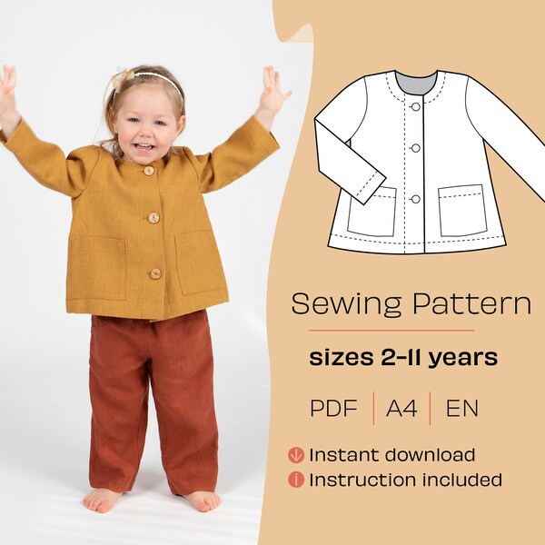 Short jacket PDF Sewing Pattern. Sizes 2y-10y girl. DIY Jacket pattern. A4 Printable PDF Sewing Pattern, Girl coat pattern