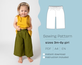 PDF Sewing Pattern for Kids Pants. Nica - Linen kid's pants. Pants for the Girls or Boys. Children DIY Trousers Sewing Pattern. Age 2-6y.