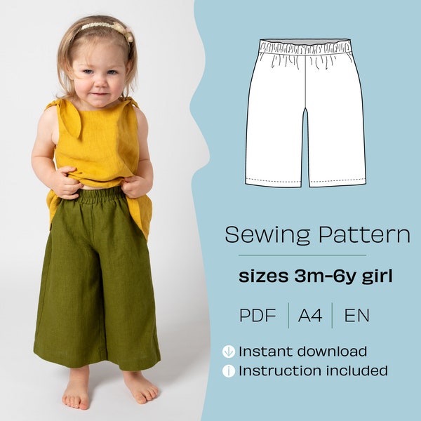 PDF Sewing Pattern for Kids Pants. Nica - Linen kid's pants. Pants for the Girls or Boys. Children DIY Trousers Sewing Pattern. Age 2-6y.