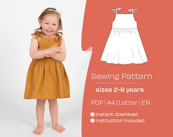 Girls' Tiedable Strap Dress Sewing Pattern, Sizes 2-6y (PDF Pattern)