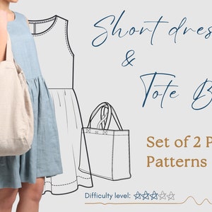 Short Dress AND Tote Bag Sewing Patterns. Set of A4 PDF patterns. DIY Patterns. Printable sewing patterns. Do It Yourself sewing pattern.