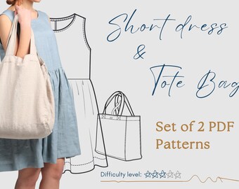 Short Dress AND Tote Bag Sewing Patterns. Set of A4 PDF patterns. DIY Patterns. Printable sewing patterns. Do It Yourself sewing pattern.