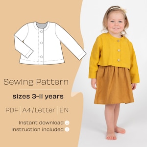 Jacket PDF Sewing Pattern, Sizes 3-11Y Girls jacket sewing pattern, Girl jacket pattern PDF, only in EN