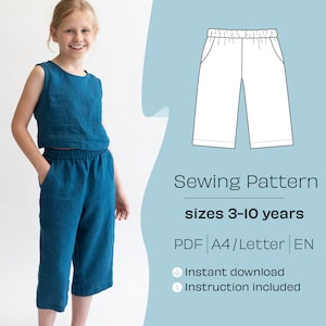 Wykrój na spodnie capri dla dzieci, kuloty z szerokimi nogawkami (wykrój w formacie PDF)