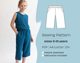 Kids Capri Pants Sewing Pattern, Wide Leg Culottes (PDF Pattern)
