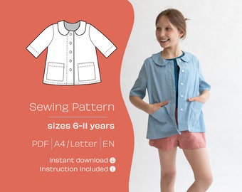 Girls' Shirt Sewing Pattern PDF, Short Sleeves, 6 Sizes (A4/Letter)