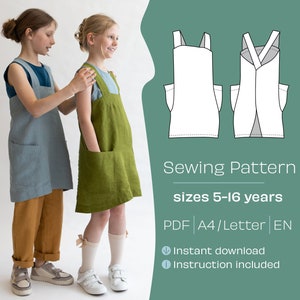 Kids apron sewing pattern 5-16 years. PDF apron pattern for kids. Pinafore apron sewing pattern with crossed back and front pockets