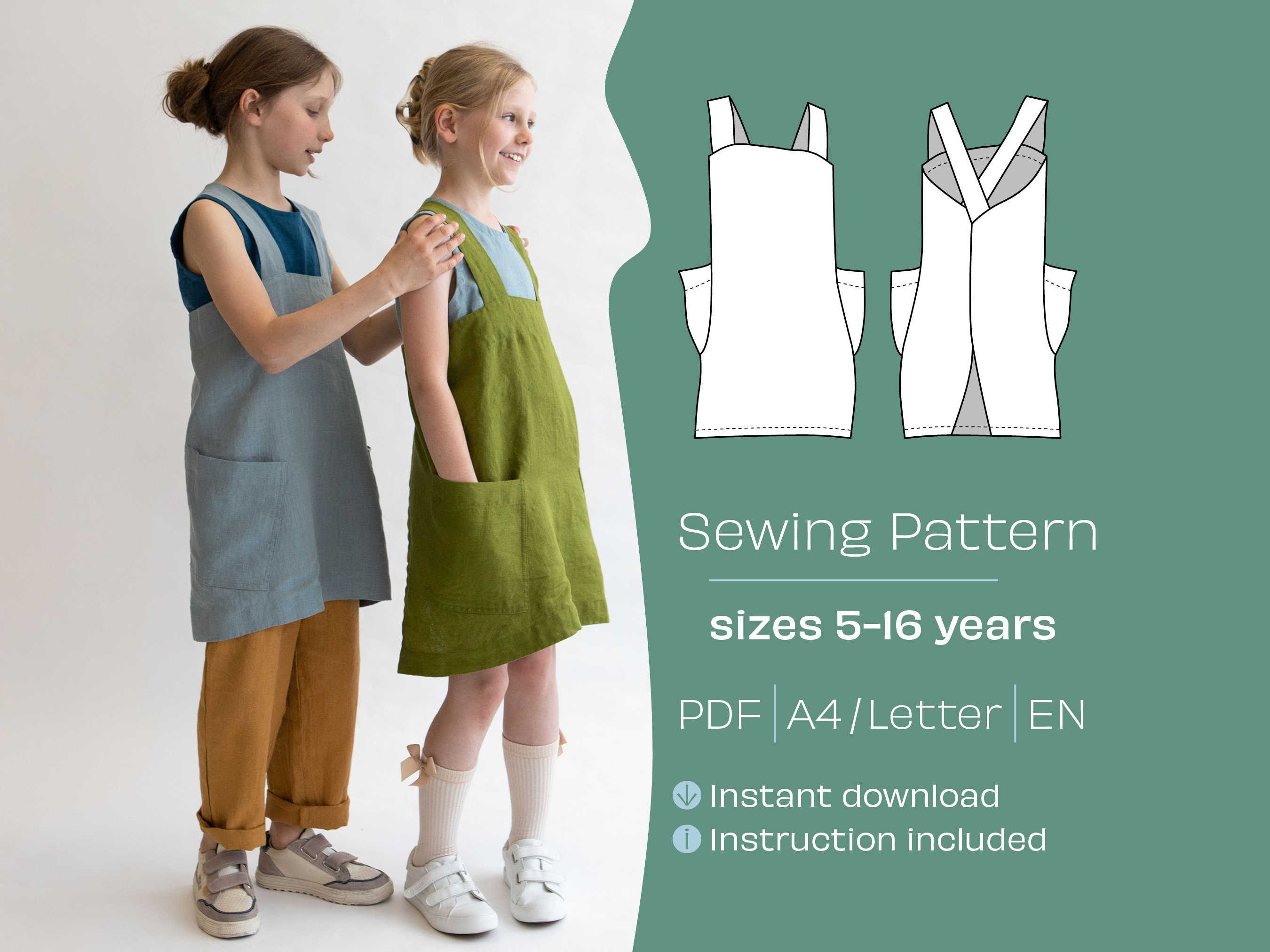 puffin kid's apron pdf sewing pattern (4 sizes) - etsy... Kids Apron Sewing Pattern, Cross Back Pinafore (PDF Pattern) - Etsy