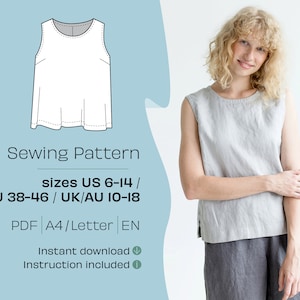 Patrón de blusa sin mangas / Patrón de costura de blusas / Patrón de blusa fácil A4 / Páginas en formato carta / Patrón de costura de blusa para mujer