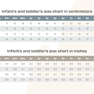 May include: A size chart for infants and toddlers, showing measurements in centimeters and inches for different ages, from 6 months to 11 years. The chart includes measurements for height, chest, waist, and hips.