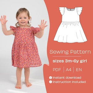 Kid's cap sleeves dress sewing pattern PDF, A4/Letter PDF sewing pattern. Age 3m-6y. Girls dress sewing pattern, Dress sewing pattern