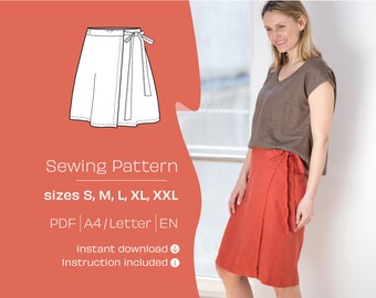 May include: A sewing pattern for a wrap skirt in sizes S, M, L, XL, and XXL. The pattern is available as a PDF download in A4 or Letter size. The image shows a woman wearing a red wrap skirt.