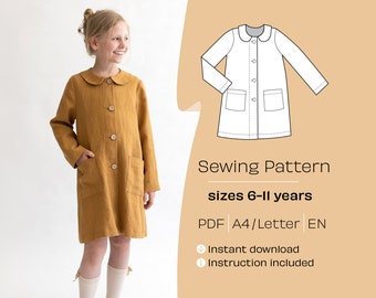 Girls' Coat Sewing Pattern, Sizes 6-11 Years (PDF Pattern)