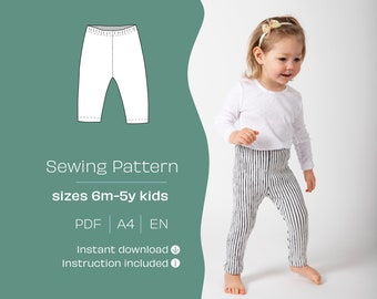 PDF Sewing Pattern for Kids Leggings. Kids pants pattern. A4 size printable pattern in EN. DIY Leggings Sewing Pattern. Age 6m-5y.