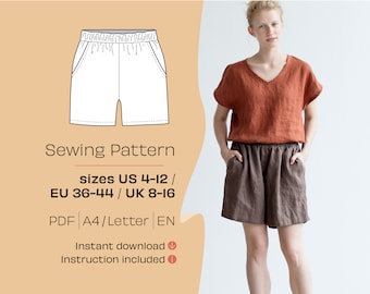 Wide Leg Shorts Sewing Pattern, Women's Trousers (A4/Letter PDF)