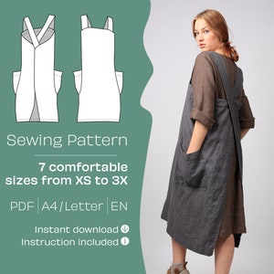 Cross Back Pinafore Sewing Pattern, A4/Letter PDF sewing pattern, Apron sewing pattern, Pinafore apron dress sewing pattern, Linen pinafore