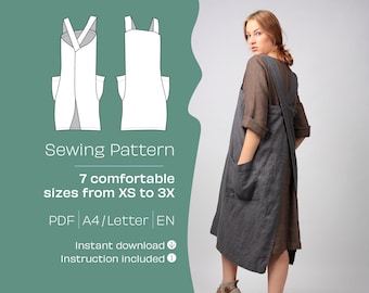 Cross Back Pinafore Sewing Pattern, A4/Letter PDF sewing pattern, Apron sewing pattern, Pinafore apron dress sewing pattern, Linen pinafore