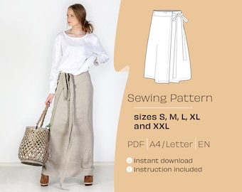 Wrap Skirt Sewing Pattern, Maxi or Midi, Slit Skirt (A4/Letter PDF)