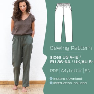 Calças curtas e shorts longos, A4, padrão de costura de calças em PDF, padrão de costura para impressão de calças femininas, calças de linho, shorts de linho