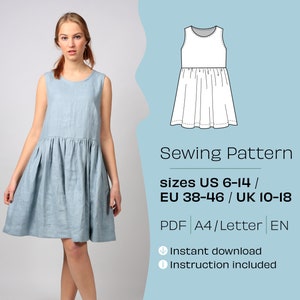 Short and long dress Sewing Patterns 2-in-1, Pattern Smock Dress, Dress digital pattern pdf sewing pattern, Linen dress, Smock dress pattern