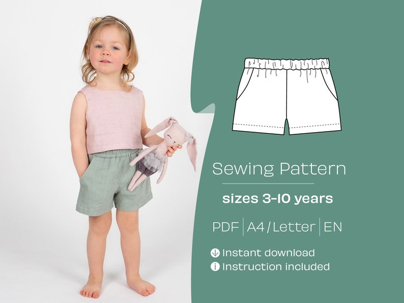 May include: A sewing pattern for shorts in sizes 3-10 years. The pattern is for a pair of shorts with a waistband and pockets. The pattern is available as a PDF download and includes instructions.  "Sewing Pattern sizes 3-10 years PDF A4/Letter EN Instant download Instruction included"