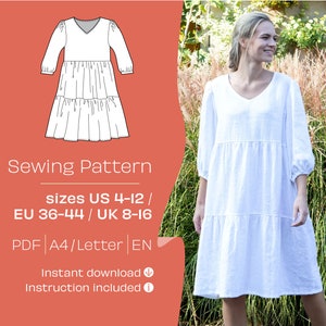 Patrón de vestido abullonado en PDF, patrón de costura en PDF tamaño A4/Carta, patrón de costura de vestido de mujer en PDF, patrón de costura de vestido tipo bata