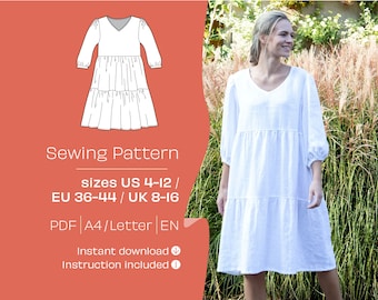 Patrón de costura para vestido tipo blusón con mangas abullonadas, vestido escalonado para mujer (PDF tamaño A4/Carta)