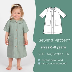 Girls dress with buttons PDF Sewing Pattern, 6 Sizes, A4/Letter Printable PDF dress sewing pattern, Toddler dress pattern
