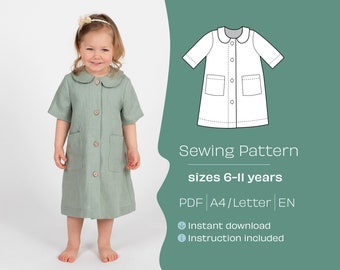 Girls Dress Sewing Pattern with Buttons, Sizes 6-11 (PDF Pattern)