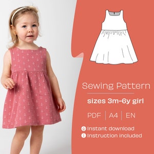 Puede incluir: Un patrón de costura para un vestido sin mangas para niñas, tallas de 3 meses a 6 años. El patrón está disponible en formato PDF, tamaño A4, y en idioma inglés. La imagen muestra a una niña pequeña usando un vestido rosa con anclas blancas impresas. El texto en la imagen dice "Sewing Pattern sizes 3m-6y girl PDF | A4 | EN Instant download Instruction included"