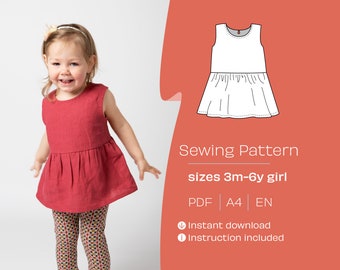 Top PDF Sewing Pattern. Sizes 3m-6y girl. Tunic DIY pattern. Printable PDF Sewing Pattern, Digital Top Pattern, Girl dress pattern