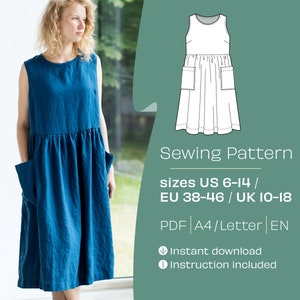 Patrón de costura de vestido, patrones de costura en PDF tamaño A4/Carta, patrón de costura imprimible para vestido tipo bata, patrón de costura para vestido de lino