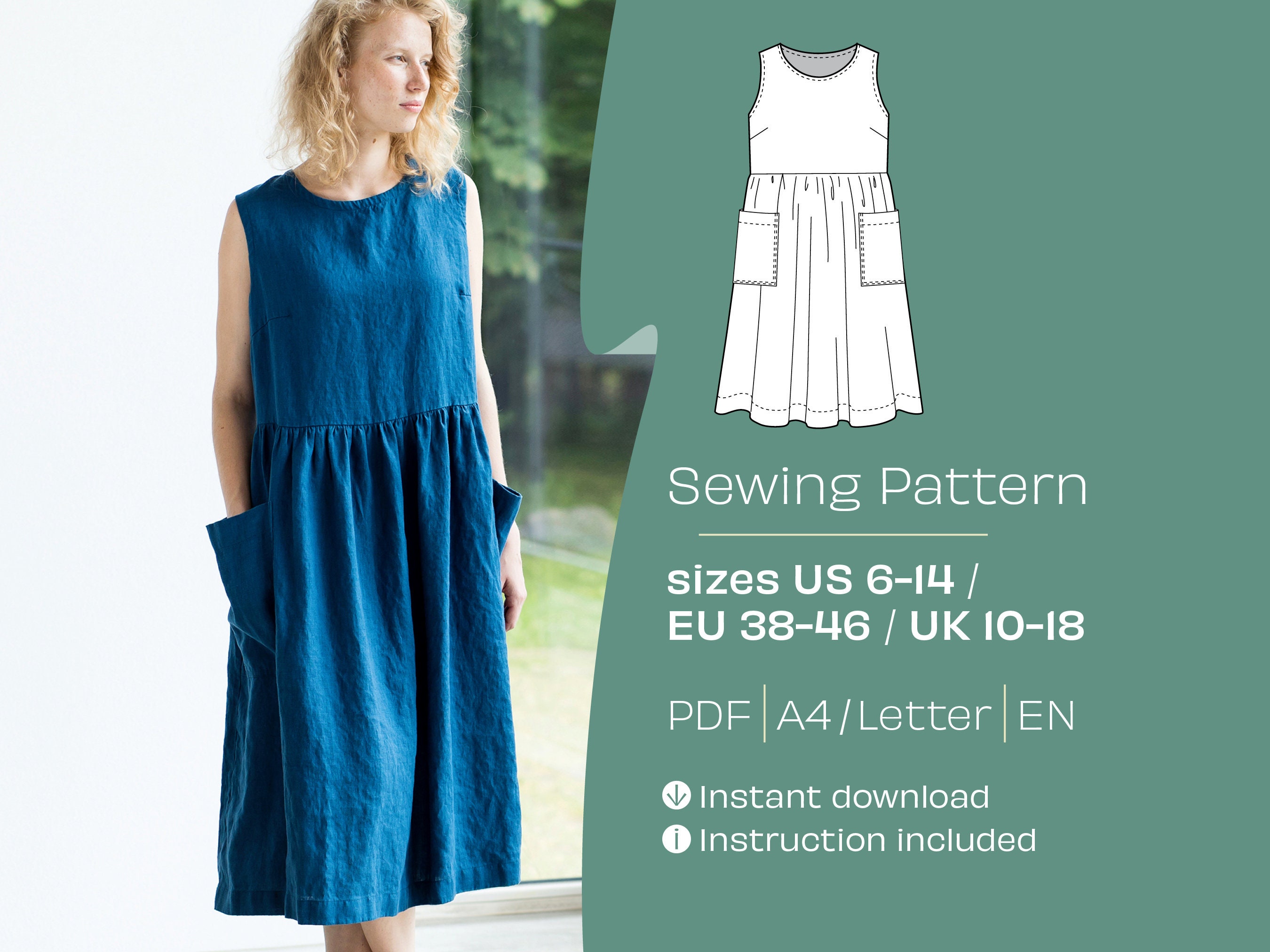 Linen Smock Dress Sewing Pattern, Sleeveless, Patch Pockets (PDF Pattern) -  Etsy